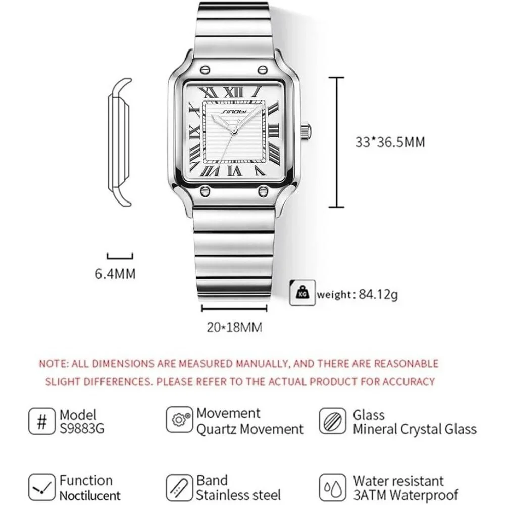 Men's Silver Classic Square Stylish Comfortable Roman Numerals Wrist Watch